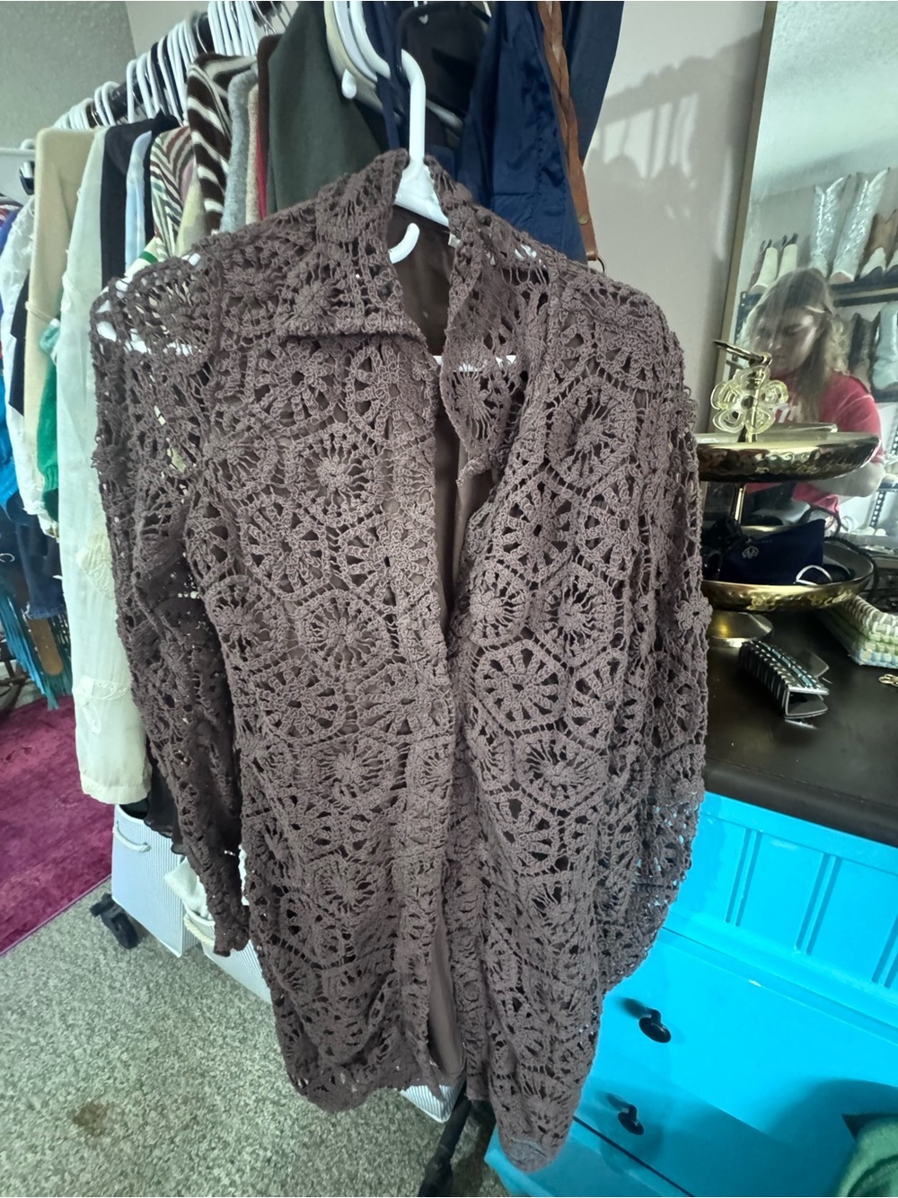 Crochet Open-Front Long Dress in Brown